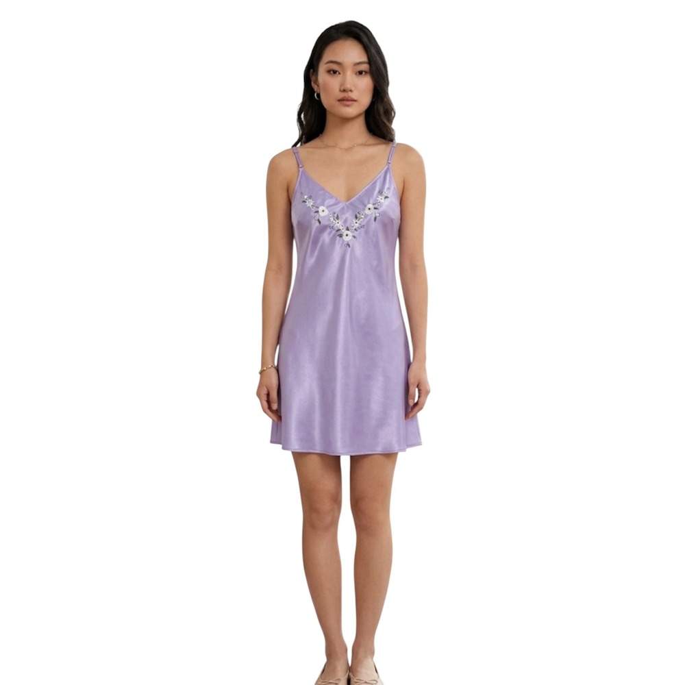 Inner Most Y2K 90s Lavender Satin szM Embroidered slip lingerie mini dress fairy